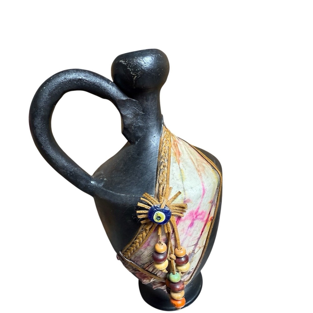 Vintage Painted Red Clay Amphora Vase Boho Folk Art Mixed Media Decor